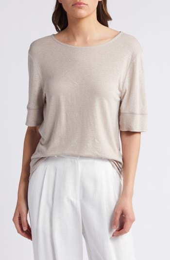 A relaxed, oversized fit lends to the laid-back style of this slub-knit linen and cotton T-shirt that pairs perfectly with your off-duty look. 25" length (size Medium) Crewneck Short sleeves 55% linen, 45% cotton Hand wash, line dry Imported Casual Neutral Linen Tops, Neutral Relaxed Fit Tops For Casual Gatherings, Cream Linen Loungewear Tops, Cream Linen Tops For Loungewear, Cream Effortless Relaxed Fit Tops, Oatmeal Tops For Everyday Spring Wear, Oatmeal Tops For Spring Everyday Wear, Everyday Neutral Linen Top, Casual Oatmeal Summer Tops