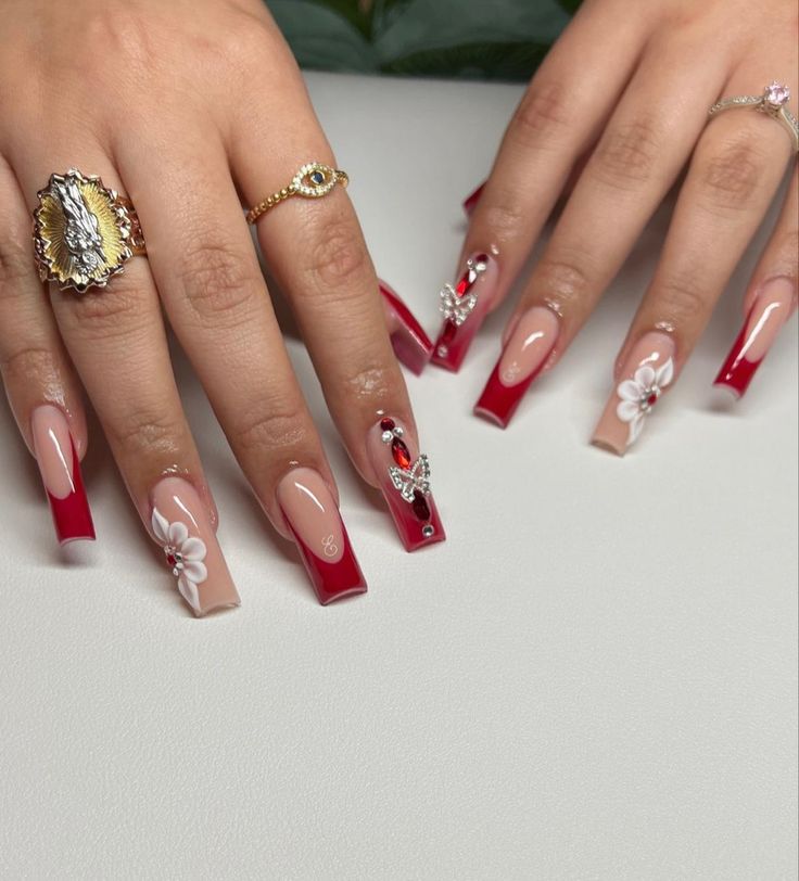 Simple Red Quince Nails, Red Quince Nails Medium Length, Red 15 Nails, Red Grad Nails, Red Medium Nails, Medium Red Nails, Red Nails With Pearls, Latina Nails Red, Red Junk Nails