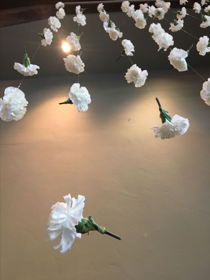 white flowers floating in the air on a ceiling with lights above them and hanging from strings