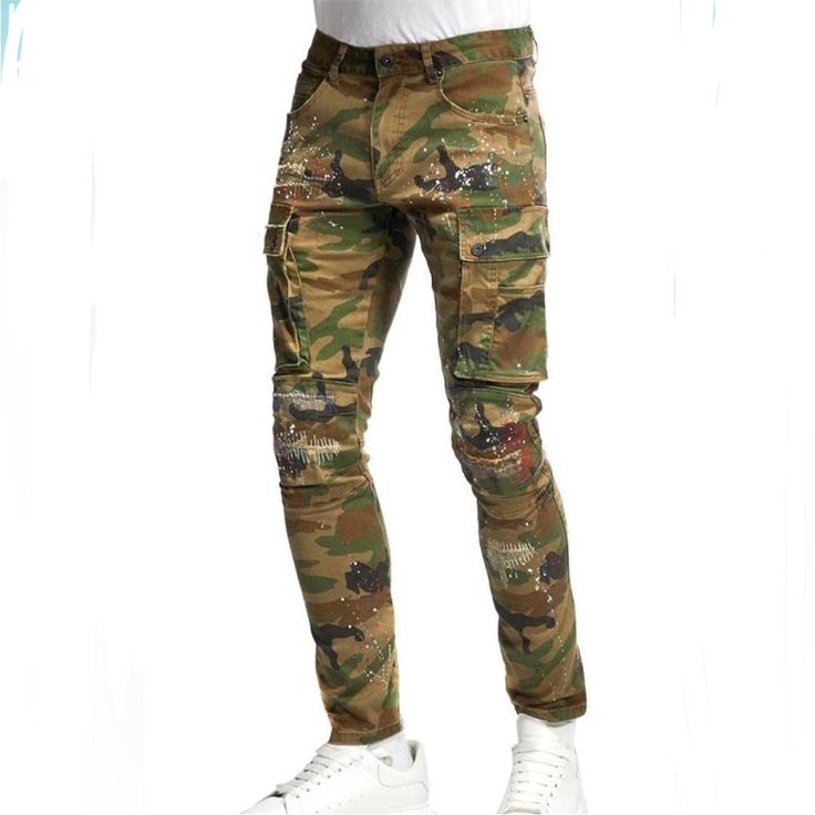 Smoke Rise Men's Fashion Utility Jeans And Twill Cargo Pants With Side Pockets Size: 30/32 Condition: New Without Tag Color: Woodland Camo Material: 98% Cotton, 2% Elastane Closure Type: Zip Fly / Button Closure Rise Style: Low Rise Fitted Urban Cargo Pants With Five Pockets, Military Style Fitted Bottoms For Streetwear, Fitted Military Style Bottoms For Streetwear, Fitted Military Style Pants For Streetwear, Spring Cargo Style Pants, Fitted Camouflage Cotton Jeans, Selvage Denim Jeans, Buckle Black Jeans, Black And White Jeans