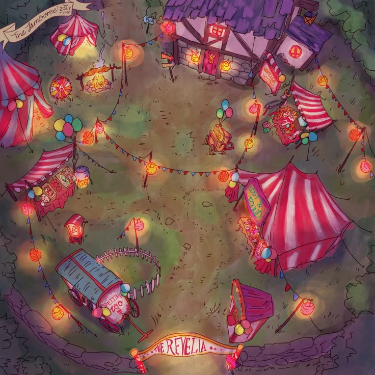 an aerial view of a carnival with tents and lights on the ground at night time