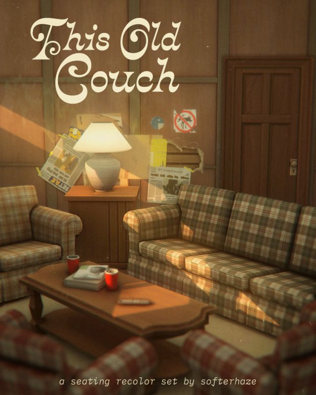 a living room with couches and a coffee table in front of a wall that says, this old couch