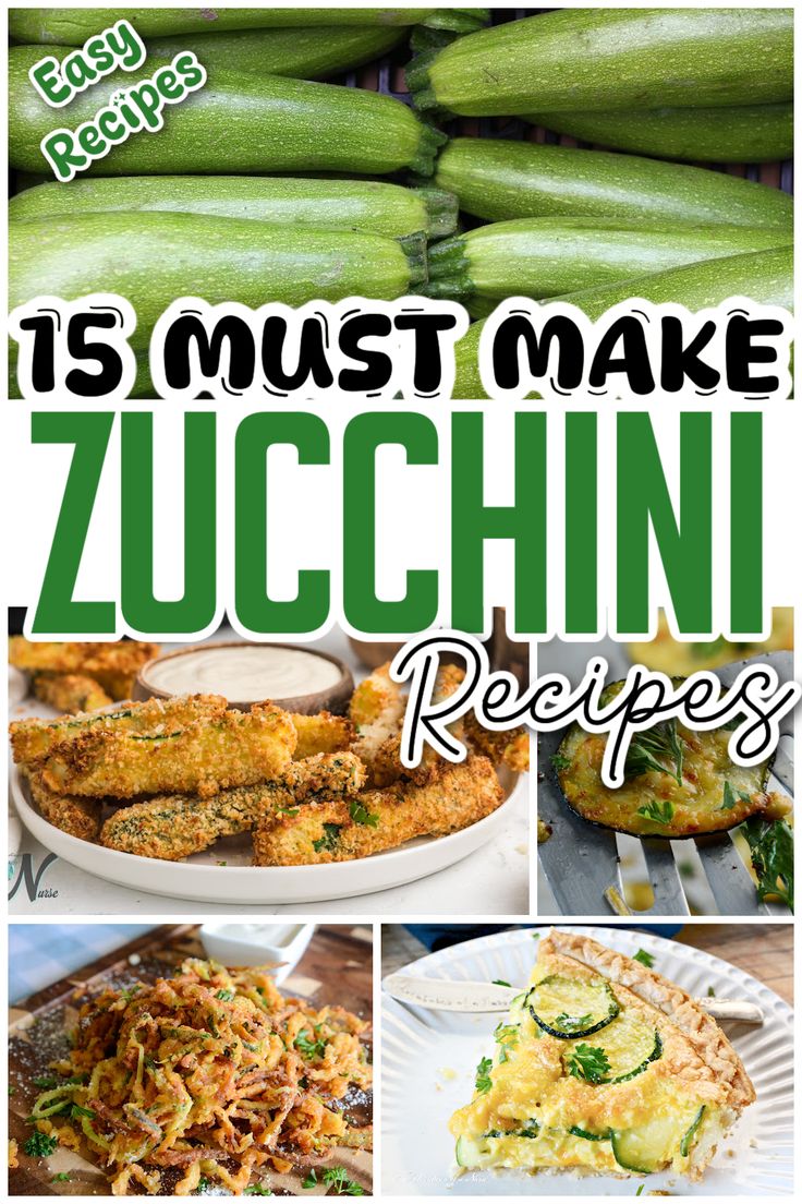 zucchini recipe collage with images of zucchini and other food items