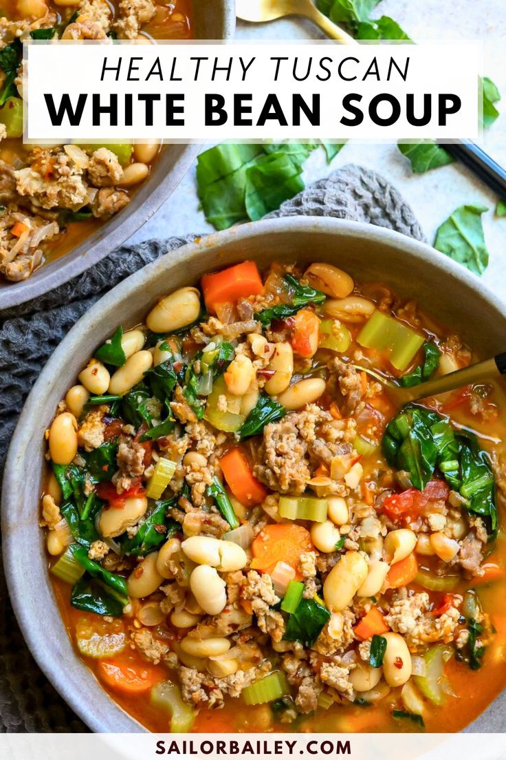 healthy tuscann white bean soup with spinach and carrots in a bowl