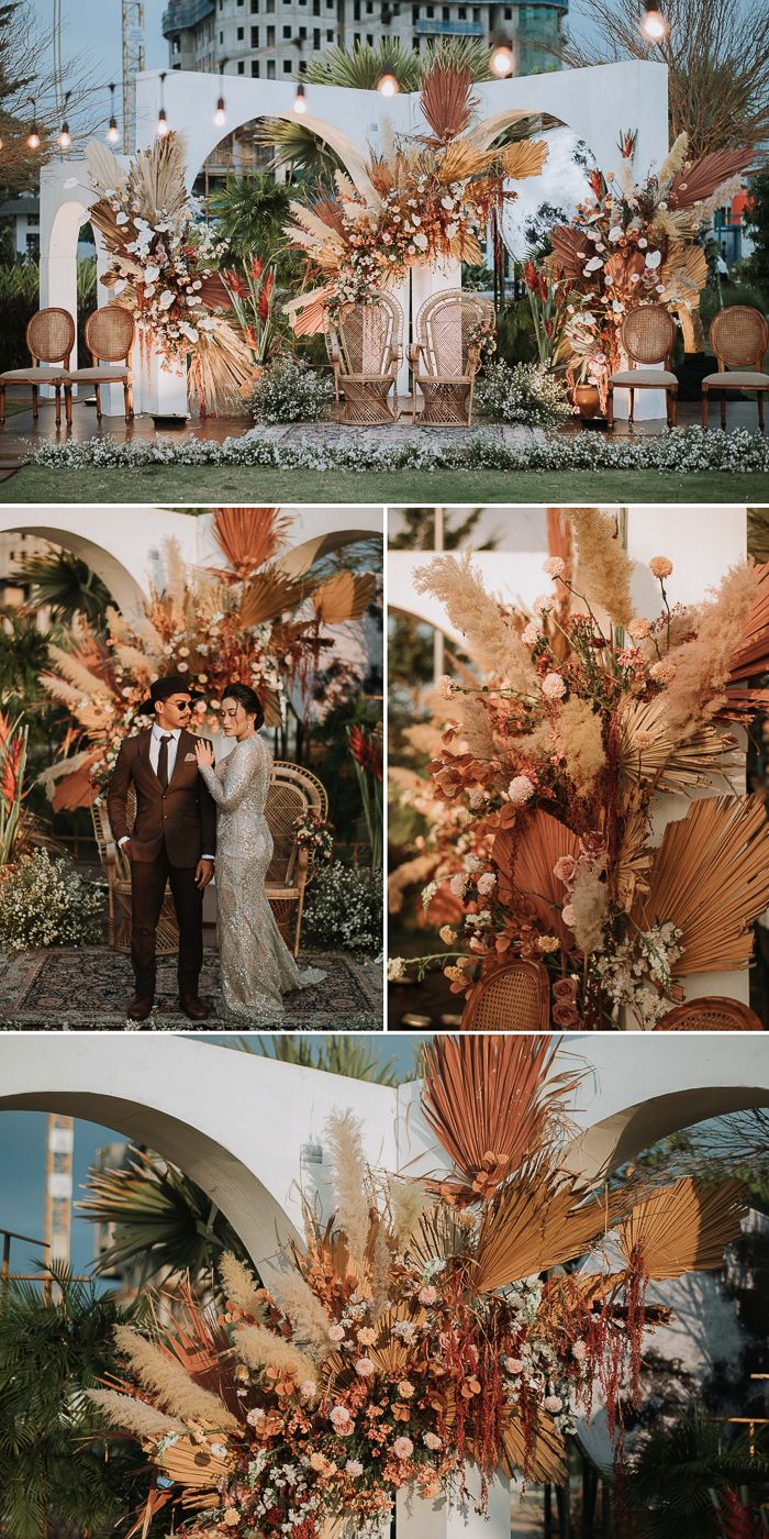 a collage of photos showing the wedding ceremony at an outdoor venue with flowers and greenery