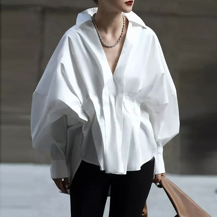 Puff Sleeves Pleated Lapel White Blouse Product DescriptionMaterial : 50%Cotton,Polyester,Style : Loose,Puff Sleeves,Long Sleeves,Feature : Pleated,Solid Color,Neckline : Lapel Collar,Occasion : Original Creation,Leisure Fashion,Seasons : Spring,Autumn,Type : Blouses&shirts Tops,Color : WHITE,Size : One_size,Size Chart:Please Consult The Size Chart We Provide For This Item's Measurements To Help You Decide Which Size To Buy.Please Note: There May Be 1-3cm Differ Due to Manual Measureme Luxury Pleated Bishop Sleeve Puff Top, Luxury Tops With Balloon Pleated Sleeves, Luxury Cotton Top With Pleated Sleeves, Luxury Fitted Tops With Pleated Sleeves, Luxury Balloon Sleeve Blouse, Classic Luxury Tops With Pleated Sleeves, Luxury Fitted Blouse With Pleated Sleeves, Luxury Pleated Sleeve Blouse For Parties, Luxury Pleated Blouse For Spring