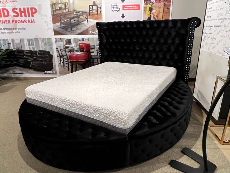 a bed that is on display in a room