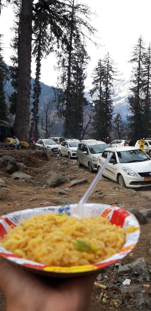 a person holding a paper plate with food in front of cars parked on the side of a road