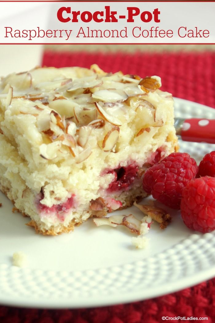 Crock-Pot Raspberry Almond Coffee Cake - Fresh raspberries and almonds combine in this moist and delicious recipe for Crock-Pot Raspberry Almond Coffee Cake. The perfect breakfast or brunch treat. You could even serve it as a dessert! You are not going to believe that this amazing coffeecake came out of your slow cooker! [High Fiber, Low Fat, Low Sodium & Vegetarian] #CrockPotLadies #CrockPot #SlowCooker #CoffeeCake #Raspberries #Almonds #Breakfast #Brunch #Dessert Almond Coffee Cake Recipes, Almond Coffee Cake, Almond Coffee, Summer Slow Cooker Recipes, Baking With Almond Flour, Crock Pot Desserts, Crumble Cake, Raspberry Almond, Fresh Raspberries