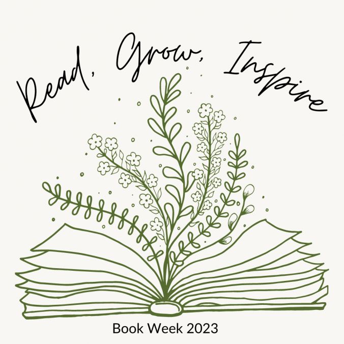 an open book with the words read, grow, inspire on it