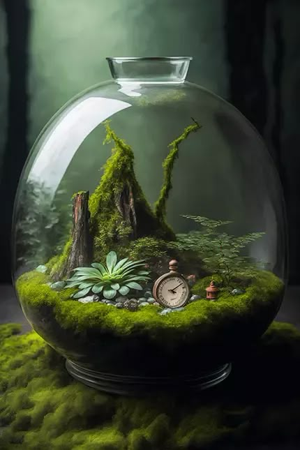 a glass bowl filled with moss and plants on top of a wooden table next to a clock