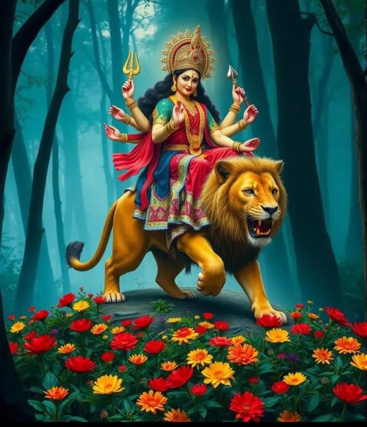 a painting of a woman sitting on top of a lion in the woods with flowers