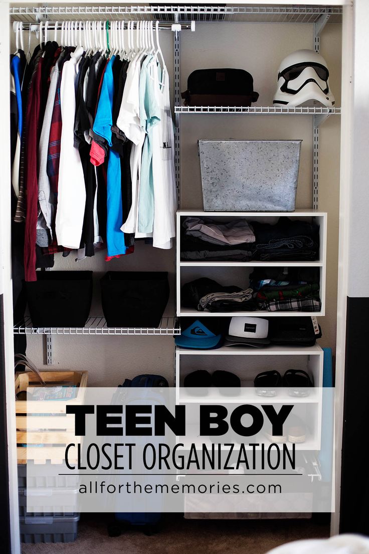 an organized closet with clothes, shoes and other items on shelves that says teen boy closet organization