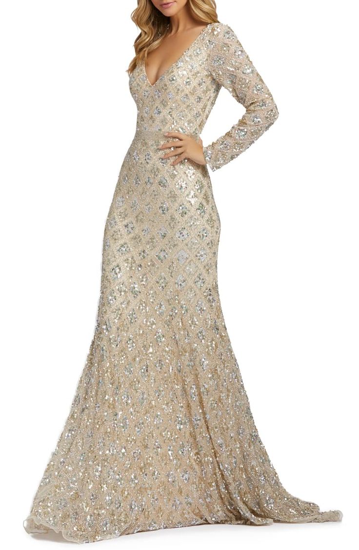 Free shipping and returns on Mac Duggal Long Sleeve Sequin Gown at Nordstrom.com. A lattice pattern of shimmering sequins illustrates an alluring gown with a plunging neckline and a sweeping train for a showstopping stunner. Mac Duggal Dresses, Trumpet Gown, Long Sleeve Gown, Column Gown, Long Sleeve Sequin, Sequin Gown, Gowns Online, Mac Duggal, Maxi Dress Evening