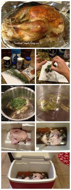 the process of making a roasting turkey with herbs and seasonings is shown here