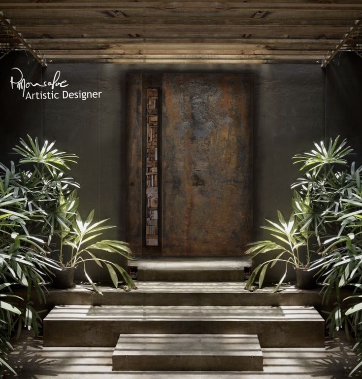 an entrance to a building with plants on the steps