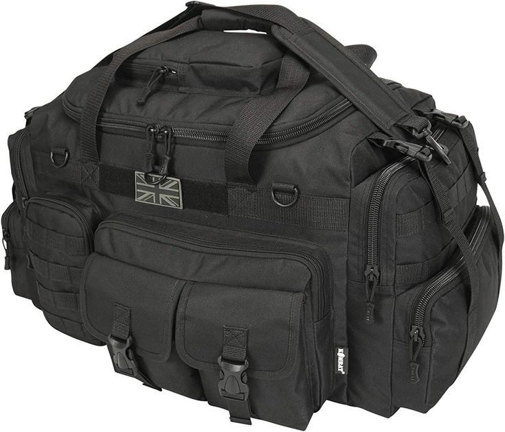 a large black duffel bag with multiple compartments on the front and side pockets,