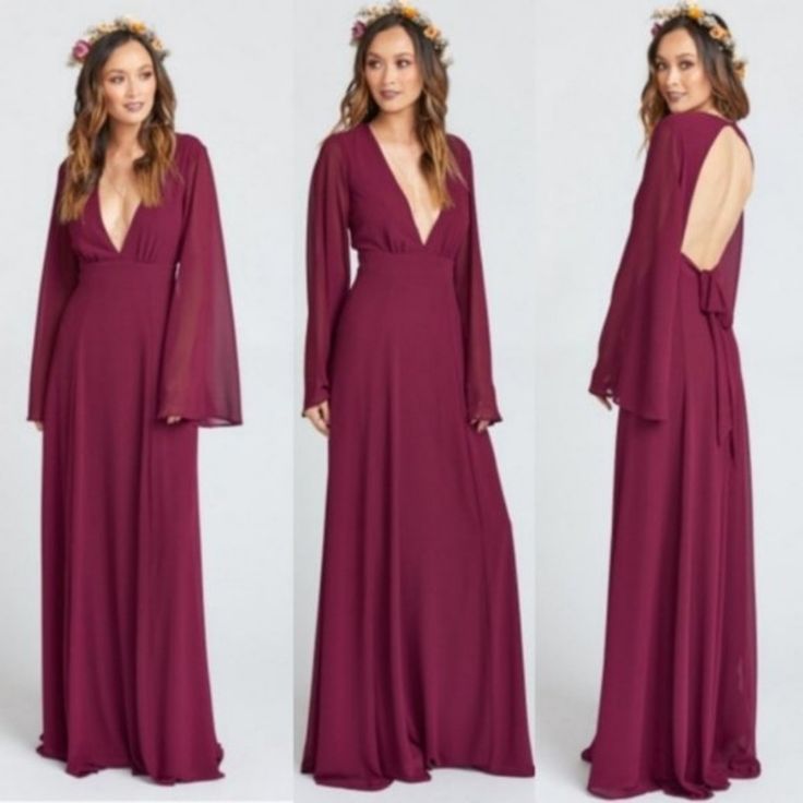 The Venus Long Sleeve Flare Dress Is Where Elegant Meets Boho. Deep V In The Front And A Cutout In The Back Allows Her Long Bell Sleeve To Steal The Show. And An Attached Tie In The Back Gives You A Perfect Fit! *Color: Merlot *Chiffon - 100% Polyester *Lined To The Ground *No Slits *Zipper Closure In Back *Mumu Bridesmaid Dresses Are Standard 'Long' Bridesmaid Length. They Will Fit Most Heights And Heels, And Are Meant To Be Tailored To Any Length You Please! Burgundy Maxi Cocktail Dress, Burgundy Floor-length Dress For Fall, Burgundy V-neck Wedding Dress, Spring Burgundy Dresses For Weddings, Fall Season Bridesmaid Dresses, Red Boho Dress, Mumu Bridesmaid Dresses, Green Long Sleeve Dress, Long Sleeve Tunic Dress