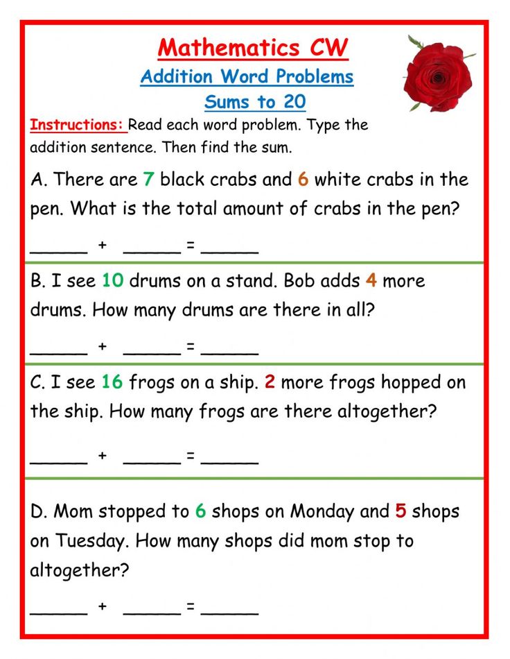 the worksheet for addition word problems is shown in red and white, with an image of a rose on it