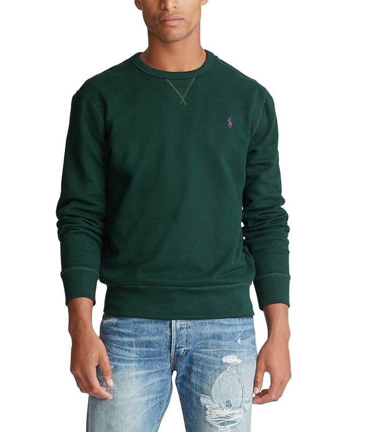 From Polo Ralph Lauren&#x2C; this sweatshirt features:signature embroidered pony at the left chestcrewneck with a v-insetlong sleeves with ribbed cuffsribbed hemcotton/polyester/elastanemachine washImported Classic Sweatshirt With Embroidered Logo, Classic Long Sleeve Sweatshirt With Embroidered Logo, Classic Fleece Sweatshirt With Ribbed Cuffs, Fleece Sweatshirt With Ribbed Cuffs, Long Sleeve Fleece Sweatshirt With Ribbed Cuffs, Classic Long Sleeve Sweats For Fall, Classic Long Sleeve Fleece Tops, Green Long Sleeve Polo Sweater With Ribbed Cuffs, Green Long Sleeve Sweatshirt With Embroidered Logo