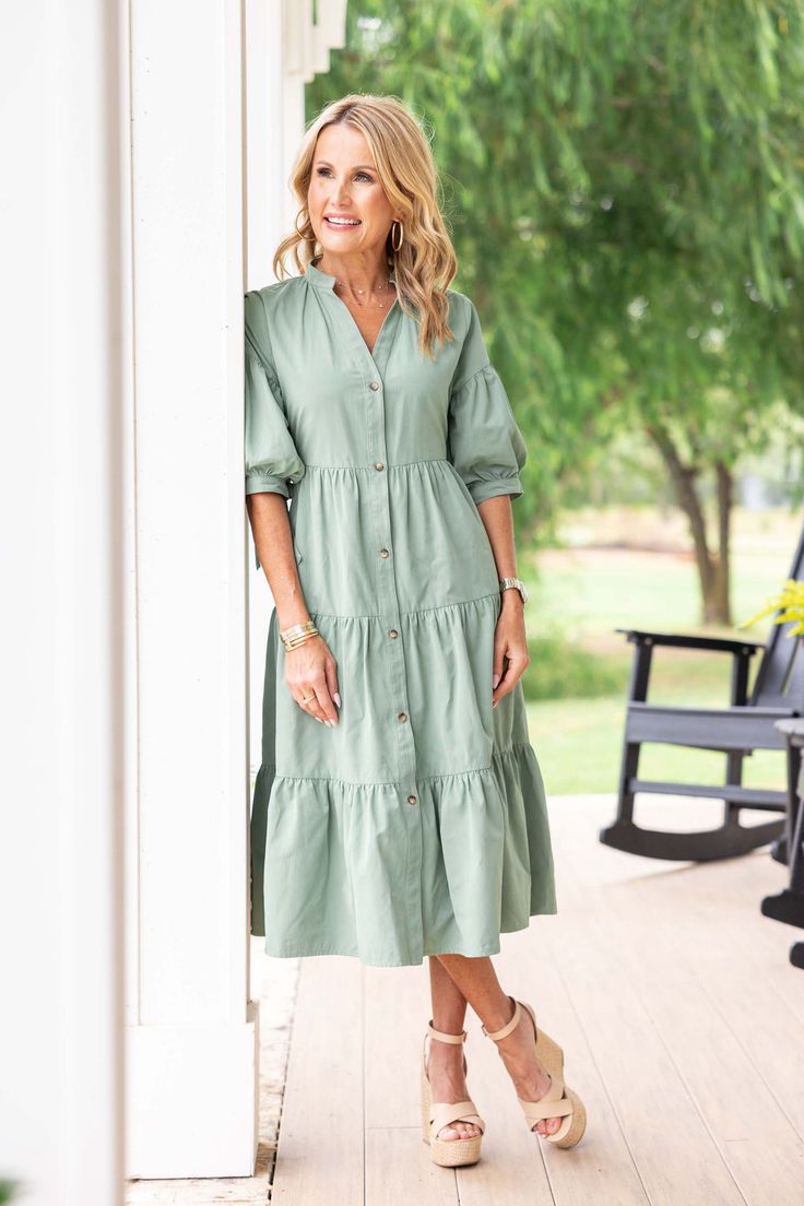 Ainsley Dress- Olive Casual Tiered Dress For Fall, Casual Fitted Cotton Tiered Dress, Fitted Cotton Casual Tiered Dress, Fitted Casual Cotton Tiered Dress, The Button, On Repeat, Dress Collection, Button Downs, Ready To Wear