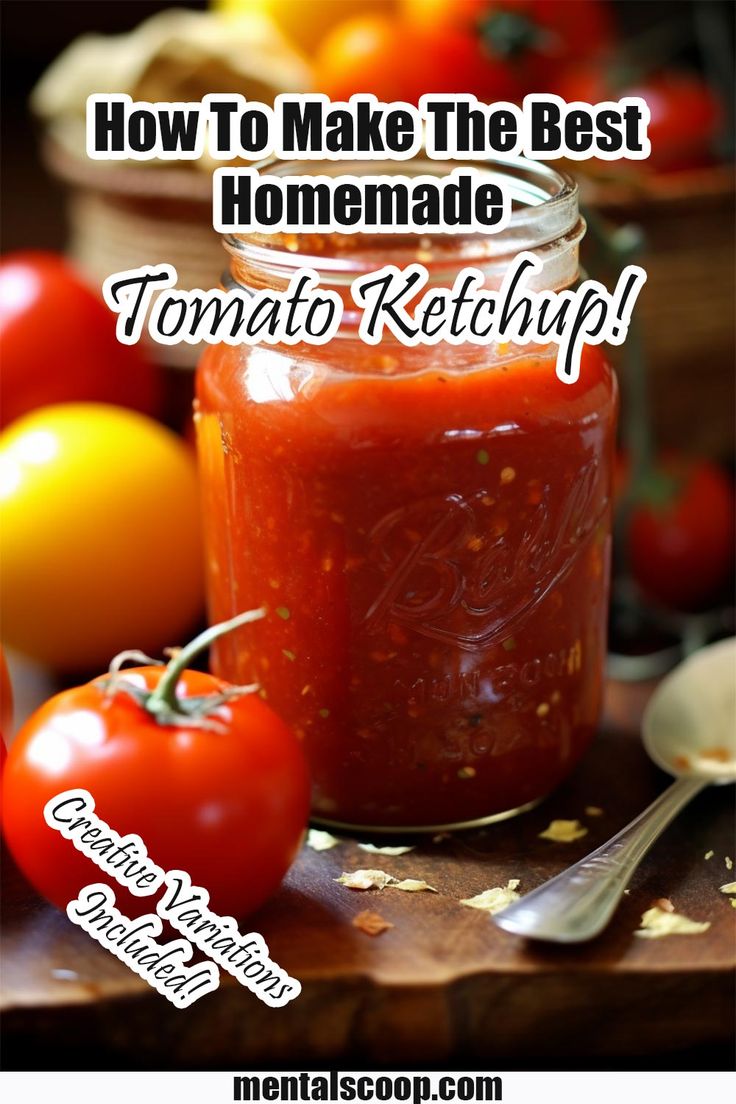 tomato ketchup in a glass jar with tomatoes and garlic on the side, text overlay reads how to make the best homemade tomato ketchup