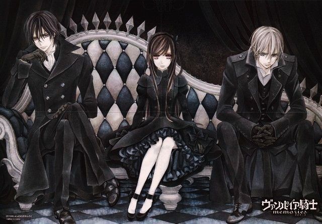 three anime characters sitting on a bench in front of a black background with white accents