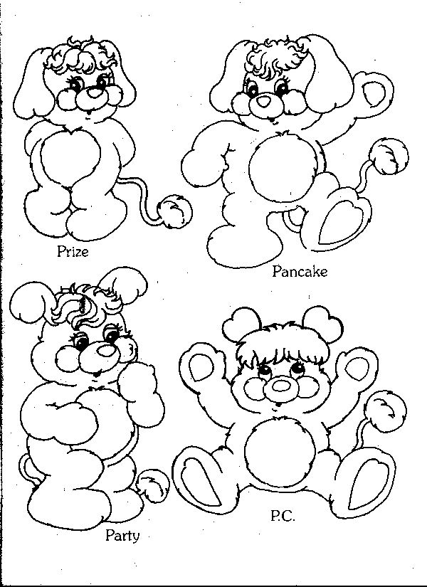 four teddy bears with different shapes and sizes, all drawn in black ink on white paper