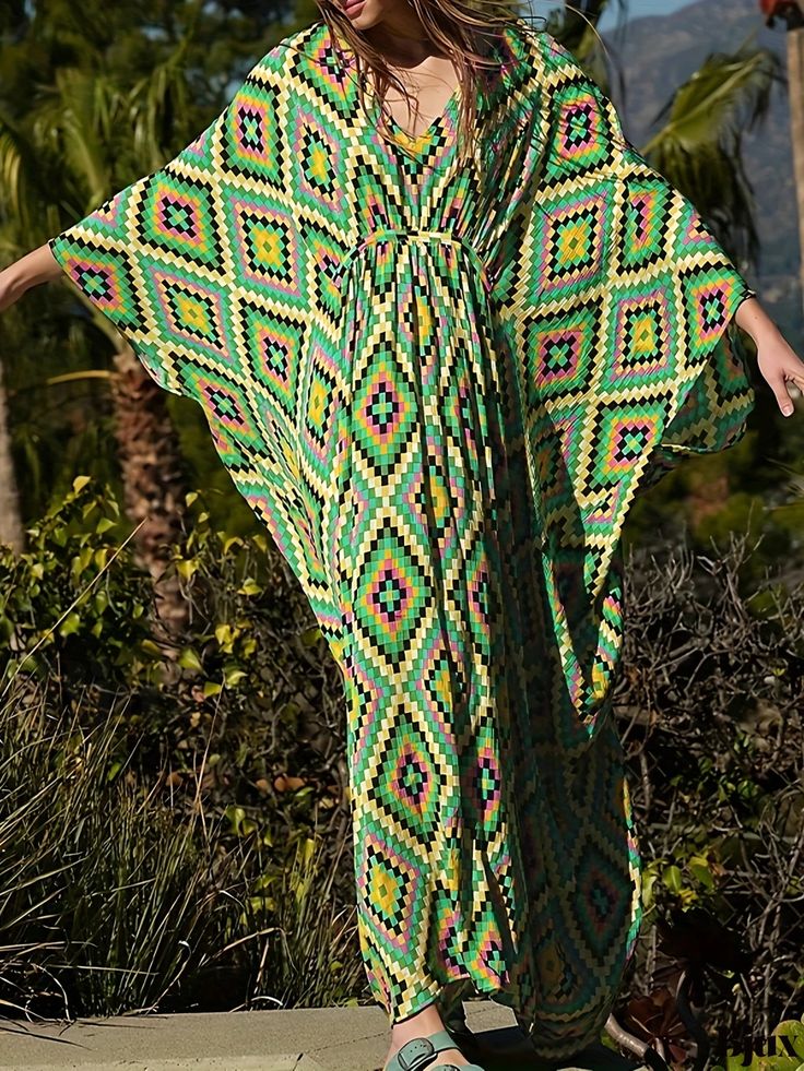 Bjux - Womens Geometric Print V Neck Kaftan with Plaid Details: Batwing Sleeves, Loose Fit, Tribal Inspired Beach Cover Up Dress – Ideal for Swimwear & Resort Clothing Tropical V-neck Beach Dress For Festival, Green V-neck Beachy Maxi Dress, Beachy Green Cover-up With Tropical Print, Green V-neck Cover-up For Beach Season, Multicolor V-neck Maxi Dress For Beach, Green V-neck Beach Dress For Vacation, Patterned Printed Maxi Dress For Vacation, Green Printed Summer Maxi Dress, Green Printed Dress For Beach Party