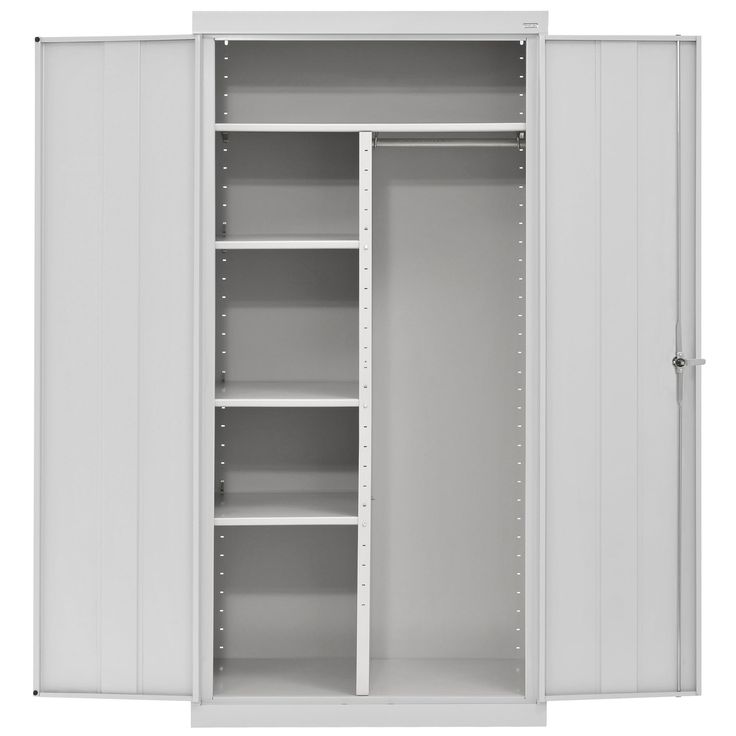 an empty white closet with shelves and cupboards on the doors, isolated against a white background