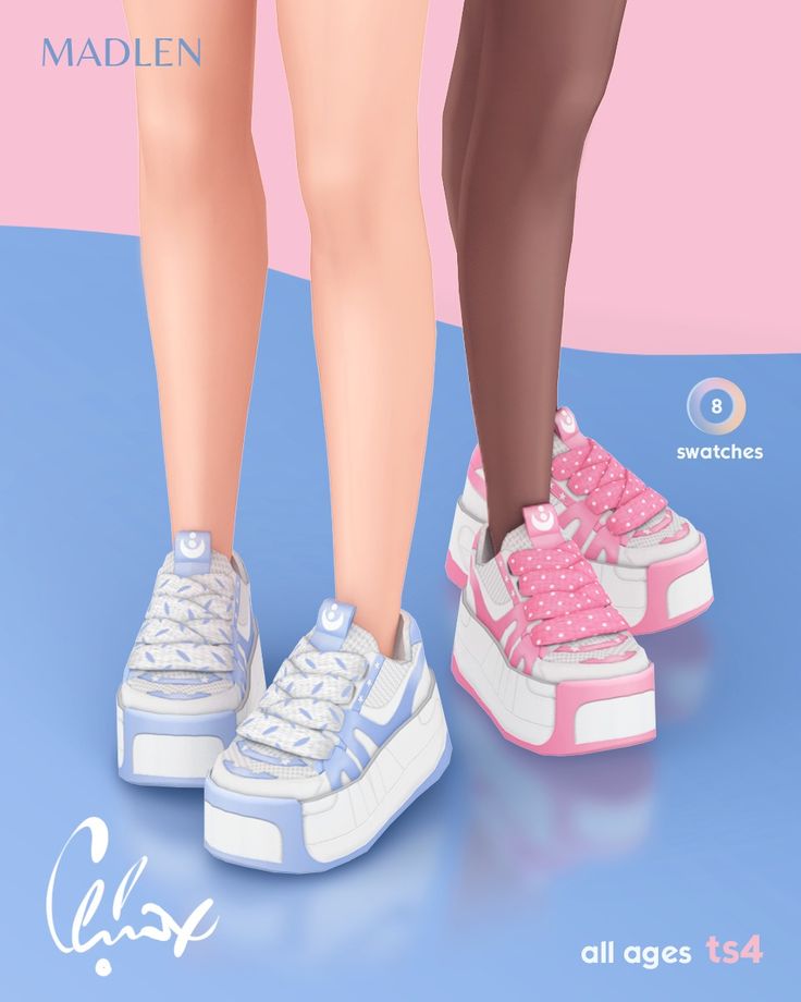 the legs and feet of two women in sneakers with pink bows on them, standing next to each other