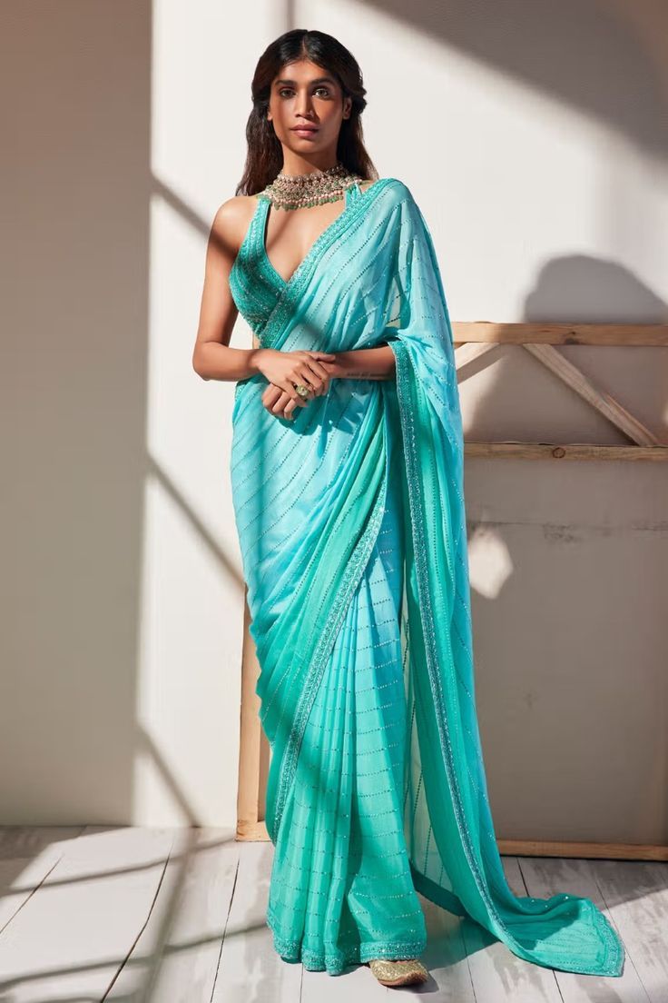 Blue Sari, Embellished Saree, Saree Georgette, Sequin Saree, Simple Sarees, Vacuum Storage, Blouse Silk, Georgette Blouse, Blue Ivy