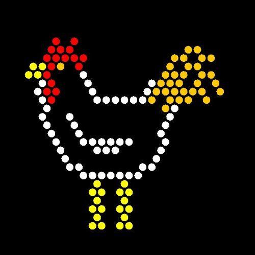 an image of a chicken made out of dots on a black background with red, yellow and white circles