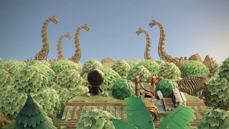 an animated scene with giraffes and other animals in the distance, surrounded by trees