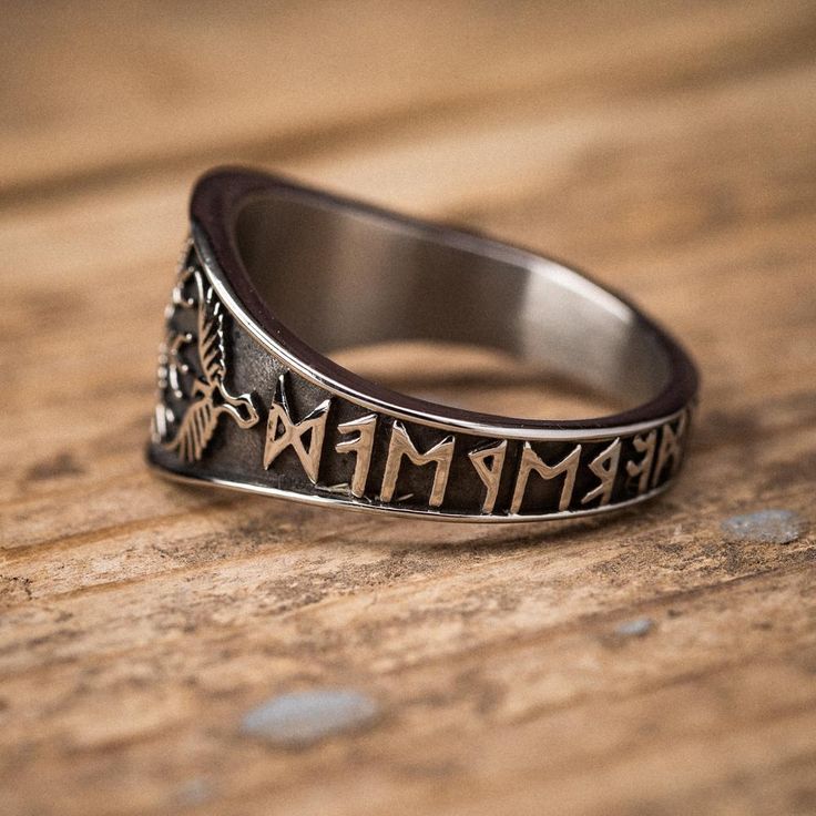 Stainless Steel Helm of Awe and Raven Ring-Viking Ring-Norse Spirit Symbolic Stainless Steel Rings With Polished Finish, Viking Jewelry Mens, Men Rings Silver, Rings With Stone, Raven Ring, The Helm Of Awe, Warrior Fashion, Two Ravens, Nordic Gifts