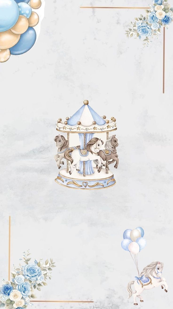 a blue and white wallpaper with an ornate carousel on it's side, surrounded by balloons