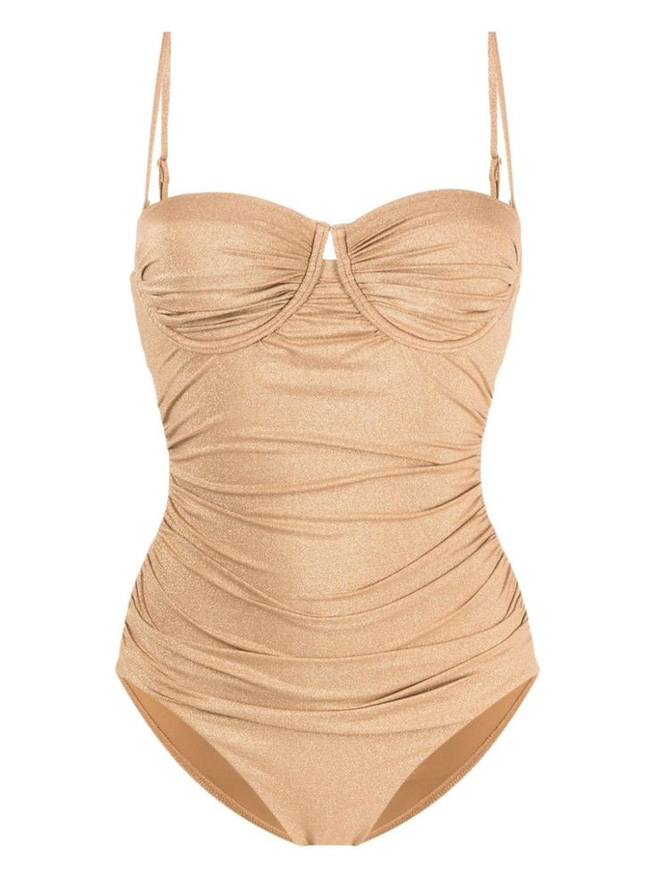 gold-tone stretch-design lurex detailing bustier-style neckline adjustable spaghetti straps open back rear clasp fastening Be mindful to try on swimwear over your own garments. Be Mindful, City Dress, Chanel 2, Demi Fine Jewelry, Iconic Bags, Summer Beach Wear, Fine Earrings, Ballet Flat Shoes, Pump Sandals