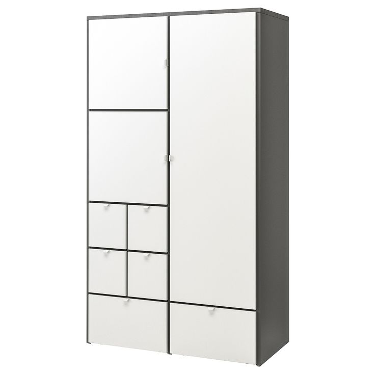 a white and black cabinet with drawers