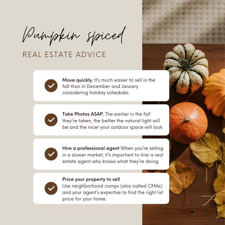 pumpkins and gourds sitting on a table with the words pumpkin spiced real estate advice