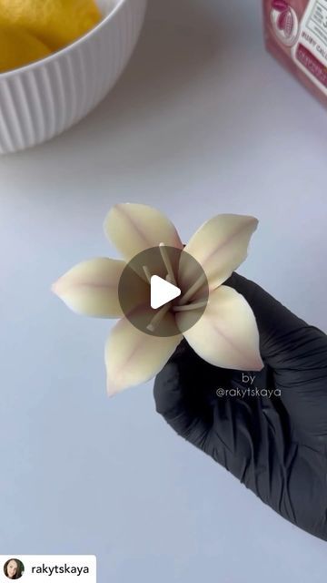 a person wearing black gloves holding a flower in front of a bowl of lemons