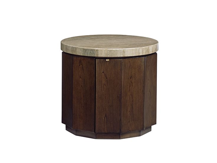 a round wooden table with marble top