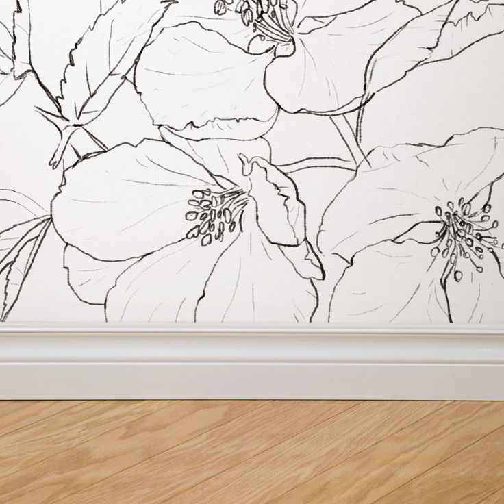 a drawing of flowers on the wall next to a wooden floor with a white frame