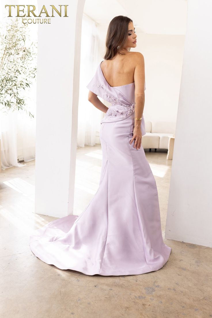 Fall in love with the Terani Couture 241E2468 Trumpet Asymmetrical dress. Embrace its captivating design, graceful silhouette, and ethereal charm. Be the epitome of grace and sophistication at any glamorous soirée or as you walk down the aisle. Let your inner romantic shine in this enchanting masterpiece. Pre-draped Asymmetrical Dress With Fitted Bodice, Asymmetrical Pre-draped Evening Dress For Gala, Wedding Evening Dress With Sweep Train And Asymmetrical Neckline, Wedding Evening Dress With Asymmetrical Neckline And Sweep Train, Elegant Evening Asymmetrical Floor-length Dress, Evening Dress With Detachable Long Train, Formal Dress With Detachable Train For Prom, Pre-draped Prom Gown, Feminine Fitted Asymmetrical Evening Dress