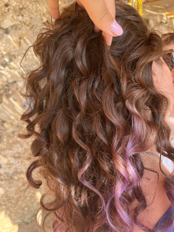 hair-curly hair-purple-hair dye 2c Colored Hair, Brown Curly Hair Dye Ideas, Pink Peak A Boo Curly Hair, Neapolitan Curly Hair, Brown And Pink Hair Curly, Neopolitan Hair Highlights Curly, Curly Died Hairstyles, Purple Calico Hair, Purple Curly Hair Highlights