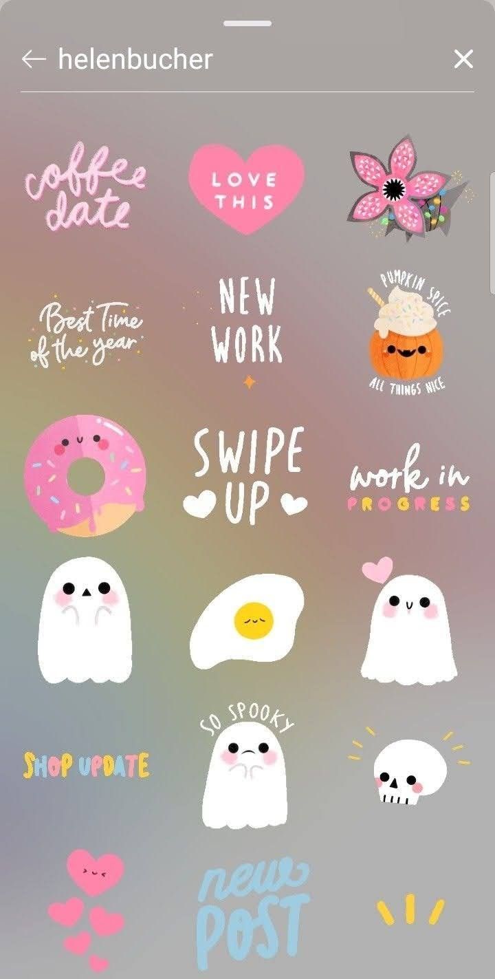 an iphone screen with stickers on it and the words coffee, love, new work, swipe up