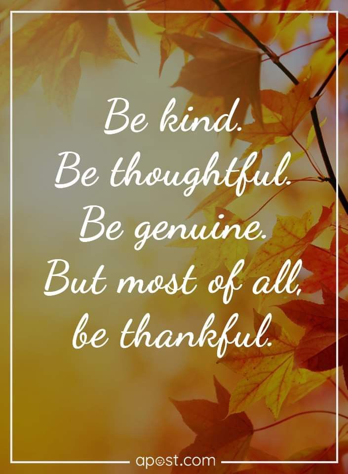 an autumn quote with leaves and the words be kind be thoughtful be genuine but most of all be grateful