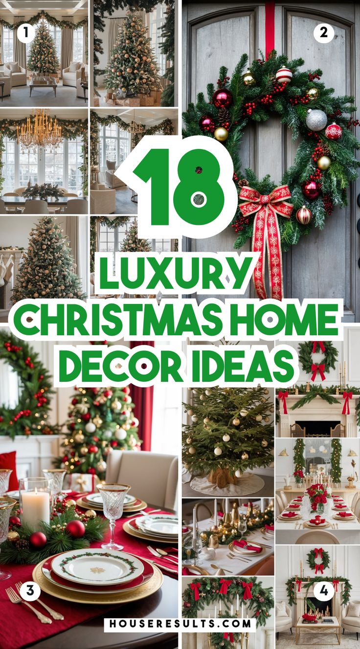 christmas home decor ideas with red and green decorations on the front door, wreaths and trees