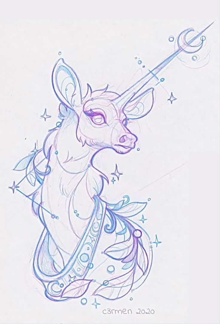 a drawing of a unicorn with stars on it's tail and an arrow in its mouth