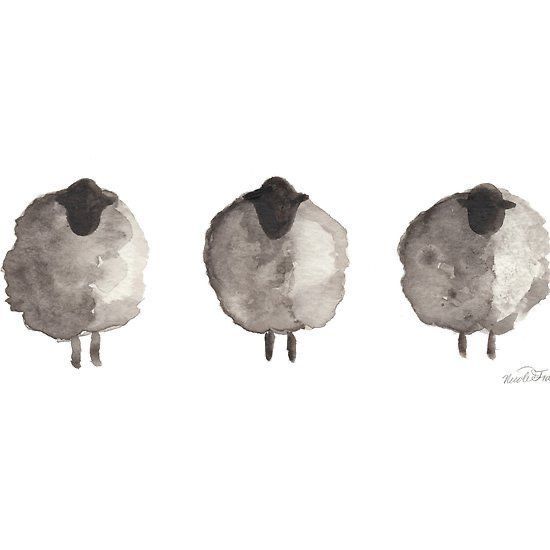 three black and white sheep standing next to each other in front of a white background