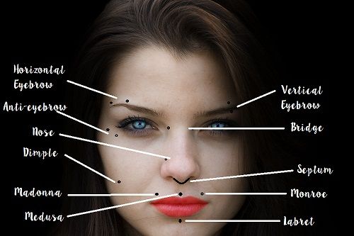 a woman's face with the names of all parts labeled in her mouth and nose